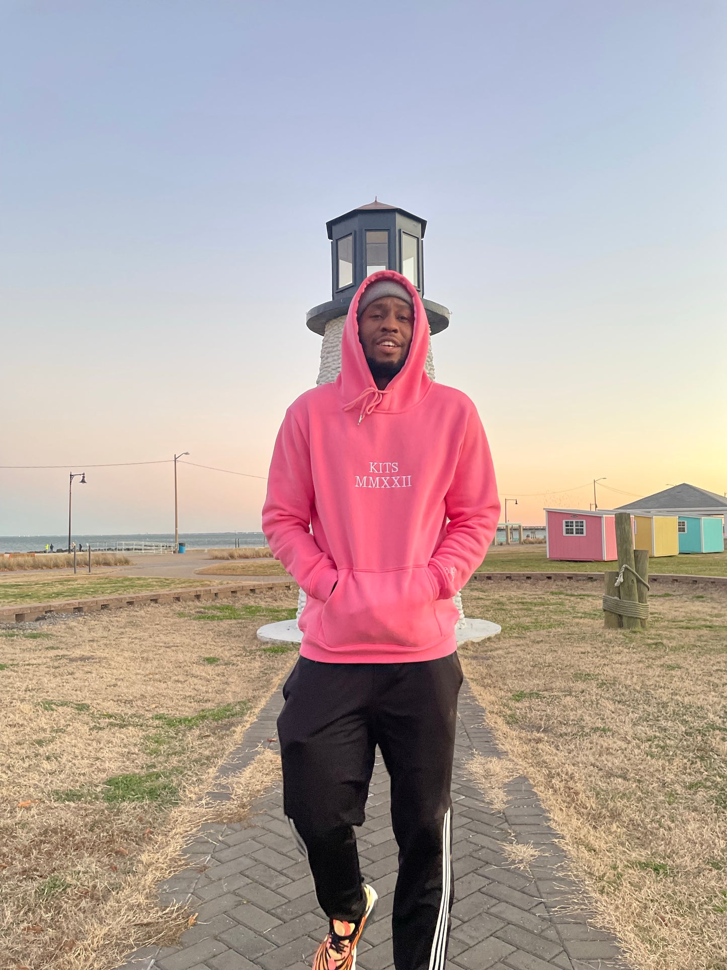 kitscloth satin lined hoodie pink model